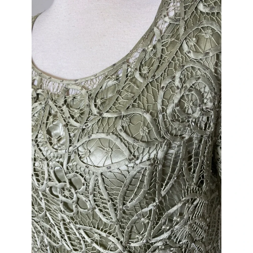 Vintage 90s Y2K Silk 3 Piece Set Lace Beaded Blouse Tank Skirt Sage Green Formal
